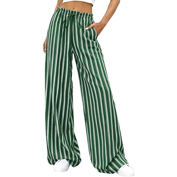 Bbyeadc Palazzo Pants for Women Drawstring Striped Loose Wide Leg Trousers Casual Pants Comfy Lounge Pants with Pockets,Green (S)