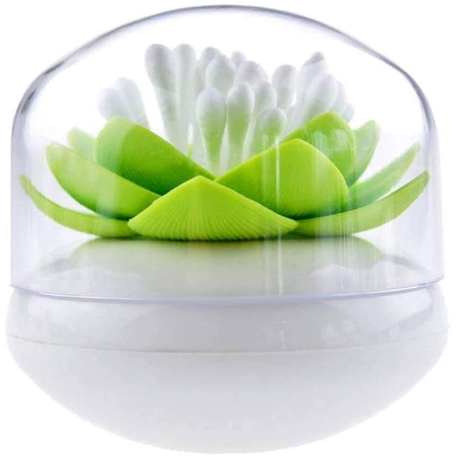 Q-Tips Holder Cotton Swab Organizer Lotus Shape Swab Cosmetic Storage Bathroom Decor, Green