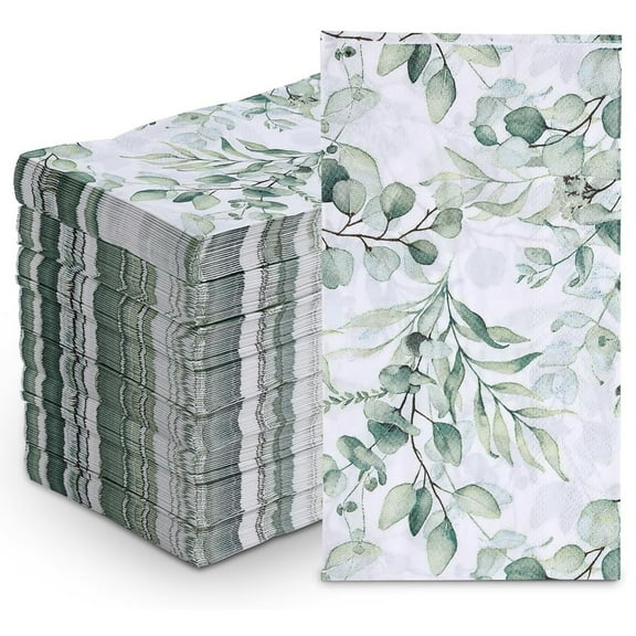 100Pcs Disposable Greenery Guest Napkins Paper Disposable Hand Towels Green Leaves Decorative Paper Dinner Hand Napkin for Bathroom Baby Shower Party Supplies Table Decor -