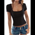 thumbnail image 1 of Camisetas de Corta de Verano para Mujer, Blusas Fruncidas con Cuello Cuadrado, Camisetas de Punto para Salir, Camisetas Básicas. Negro L, 1 of 10