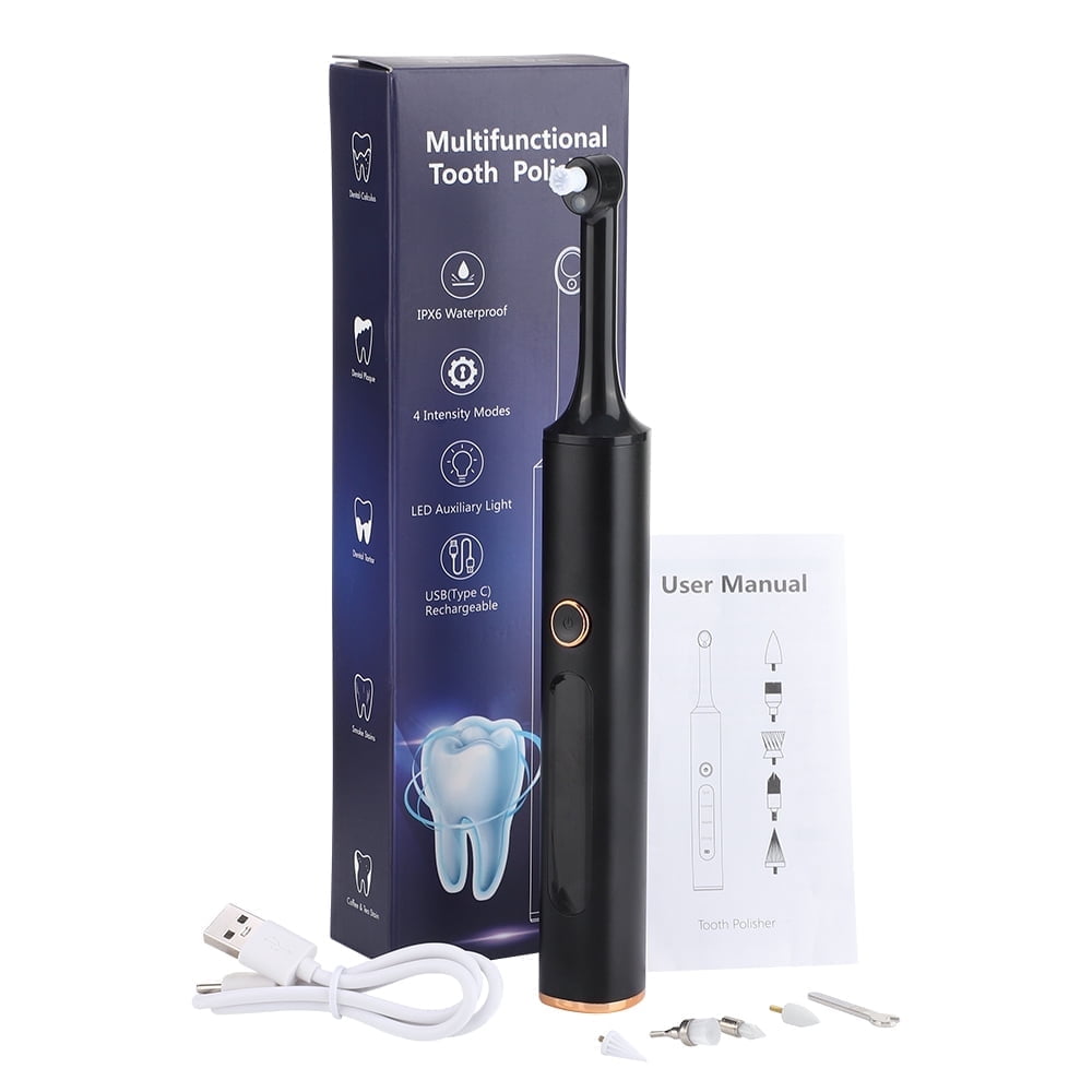 Tooth Polisher, Tooth Whitening Kit, Rechargeable Dental Polisher, Teeth Cleaning Kit with 5 Brush Heads, 4 Speed Modes and LED Light, IPX6 Waterproof for People/Pets