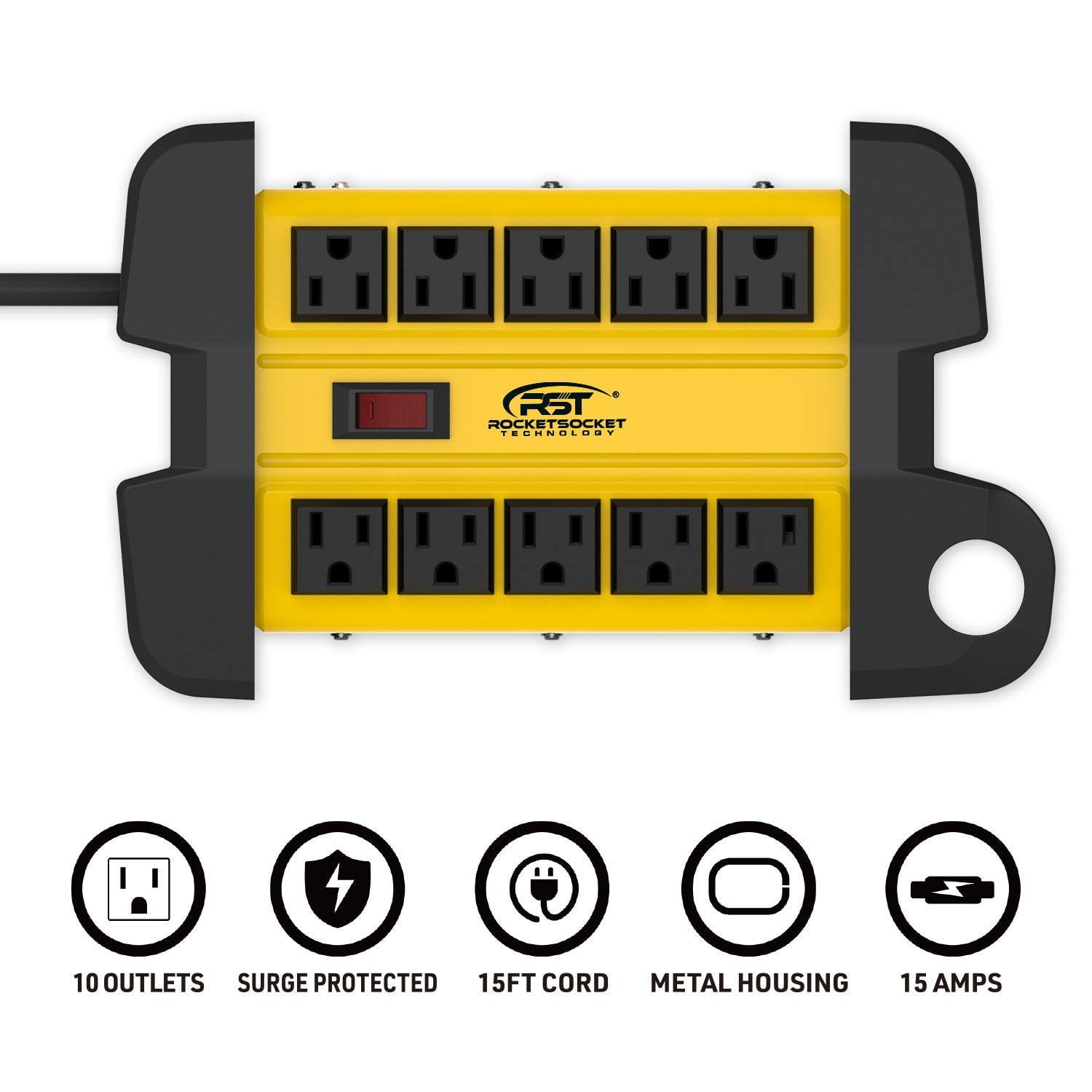 CRST 10 Outlets Metal Power Strip Heavy Duty Surge Protector 2800 Joules with 15FT Long Extension Cord for Workshop Office Garage Kitchen, ETL Listed