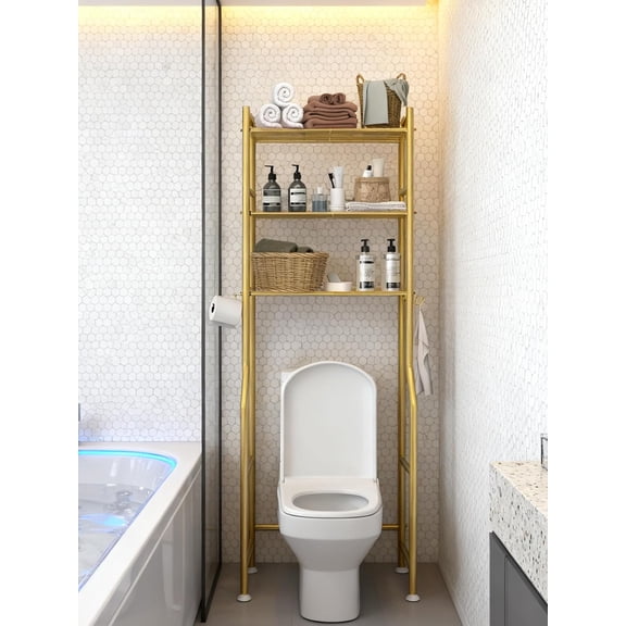 3-Tier Over The Toilet Storage, Freestanding Metal Bathroom Organizer with 4 Hooks & Anti-Tilt Kits, Heavy Duty Space Saver Shelf for Bathroom/Kitchen/Living Room, Gold