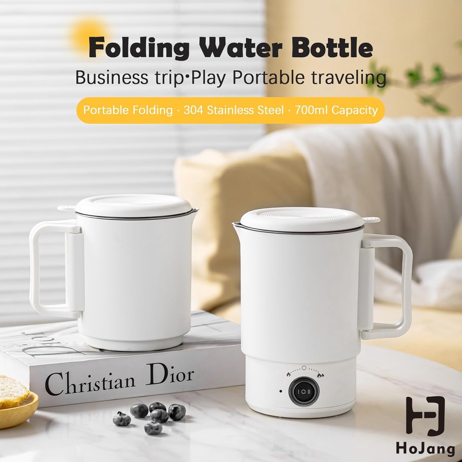 316 Stainless Steel Electric Kettle & Mini Cooking Pot – 700ml Portable Travel Kettle with 2 Power Modes (300W/600W), Detachable Base & Foldable Handle for Hotel/Office Use