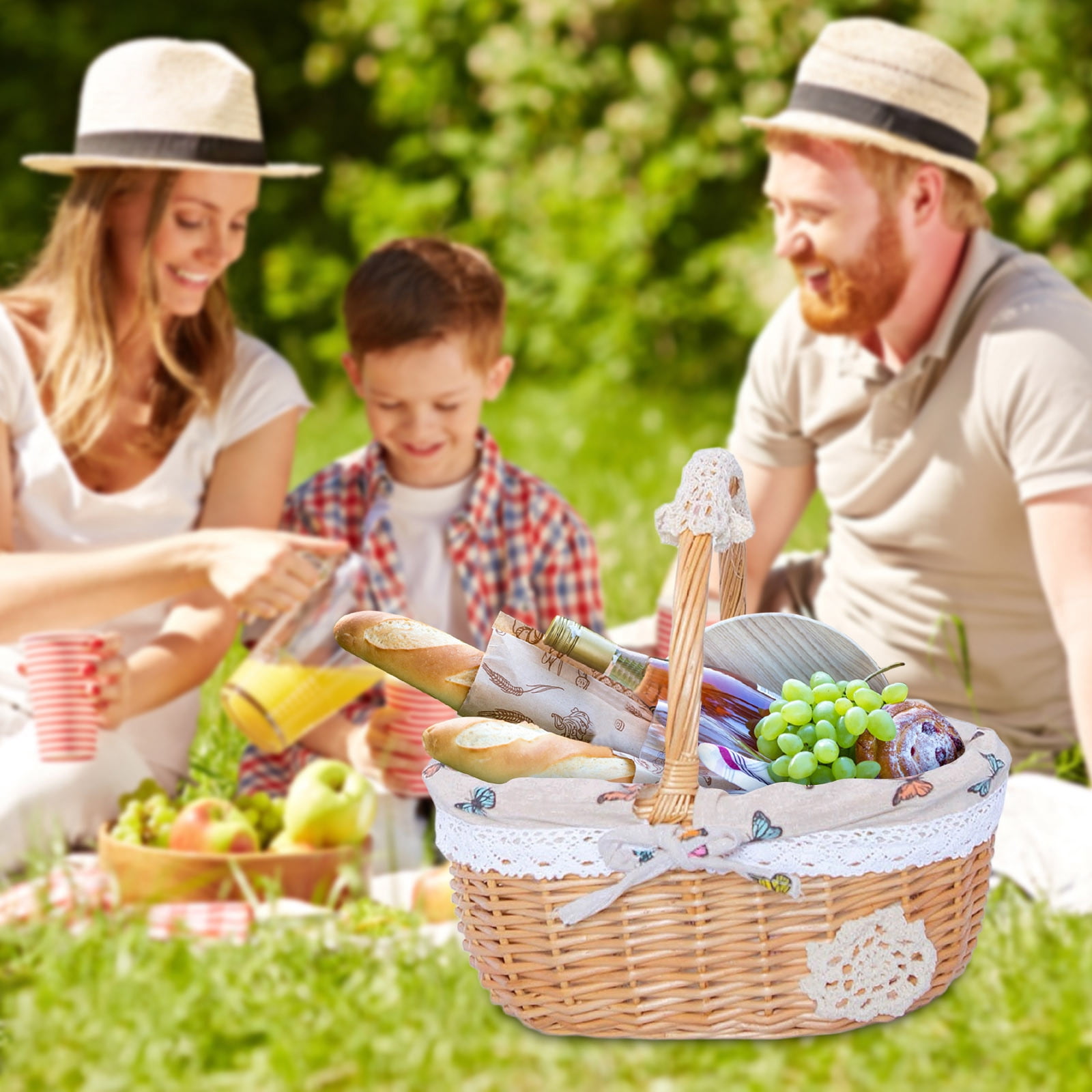 Wicker Picnic Basket with Removable Floral Liner, Suitable for Weddings, Holidays, Gardening, Valentine's Day, Easter, Parties, Celebrations, Oval Picnic Camping Outdoor Basket, 9.8 x 7.8 x 10.2 in