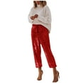 thumbnail image 6 of JWZUY Womens Casual Glitter Bling Sequin High Waist Drawstring Long Pants Clubwear Sparkly Trousers Red S, 6 of 7