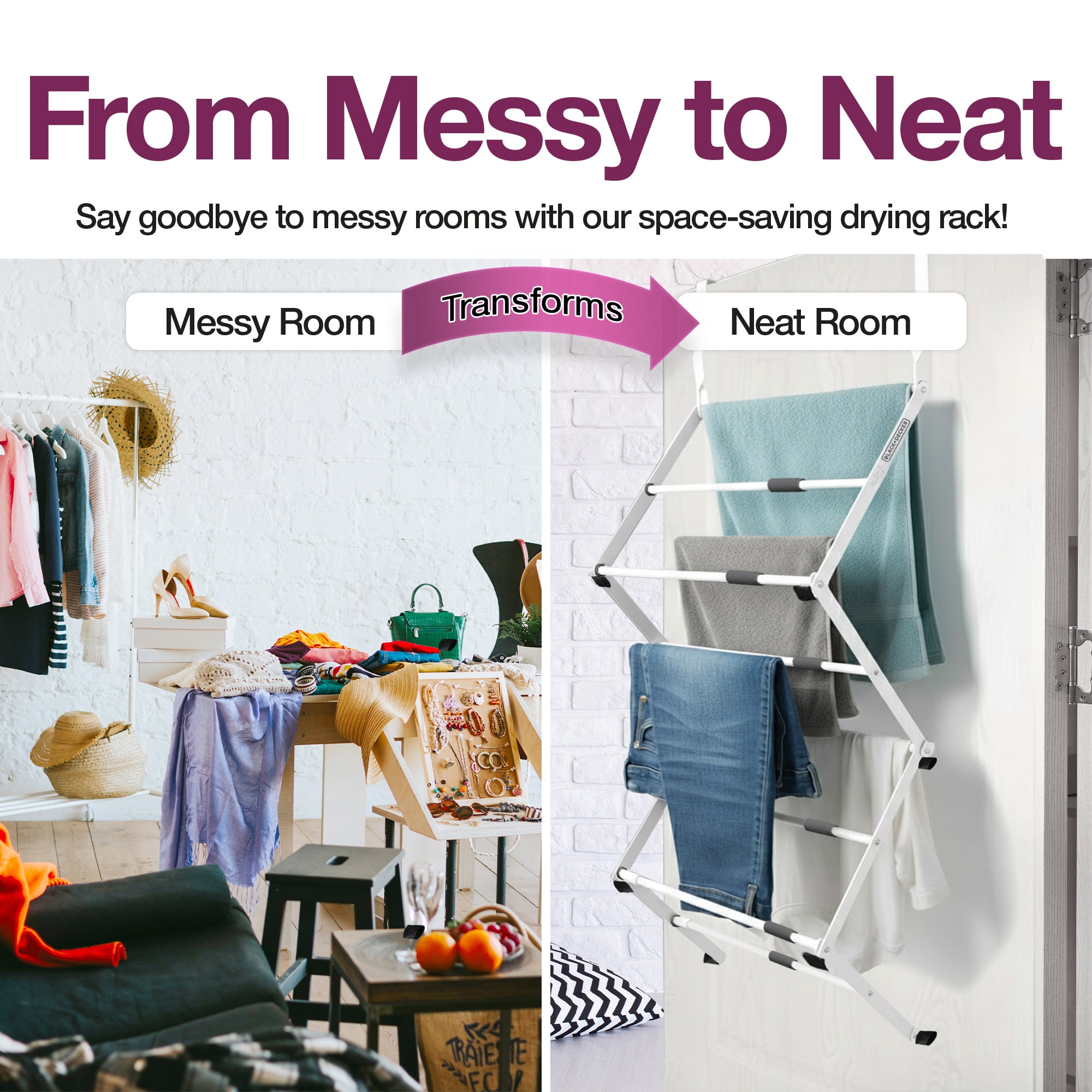 BLACK + DECKER Over-the-Door Telescopic Clothes Drying Rack, Expandable, Stainless Steel, 2-Tier, Space-Saving Indoor Design