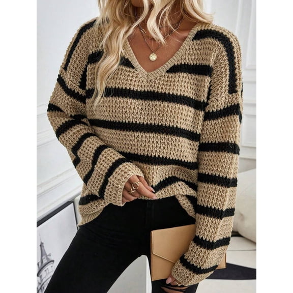 Women V‑Neck Drop‑Shoulder Striped Knit Pullover, Loose Long‑Sleeve Casual Sweater