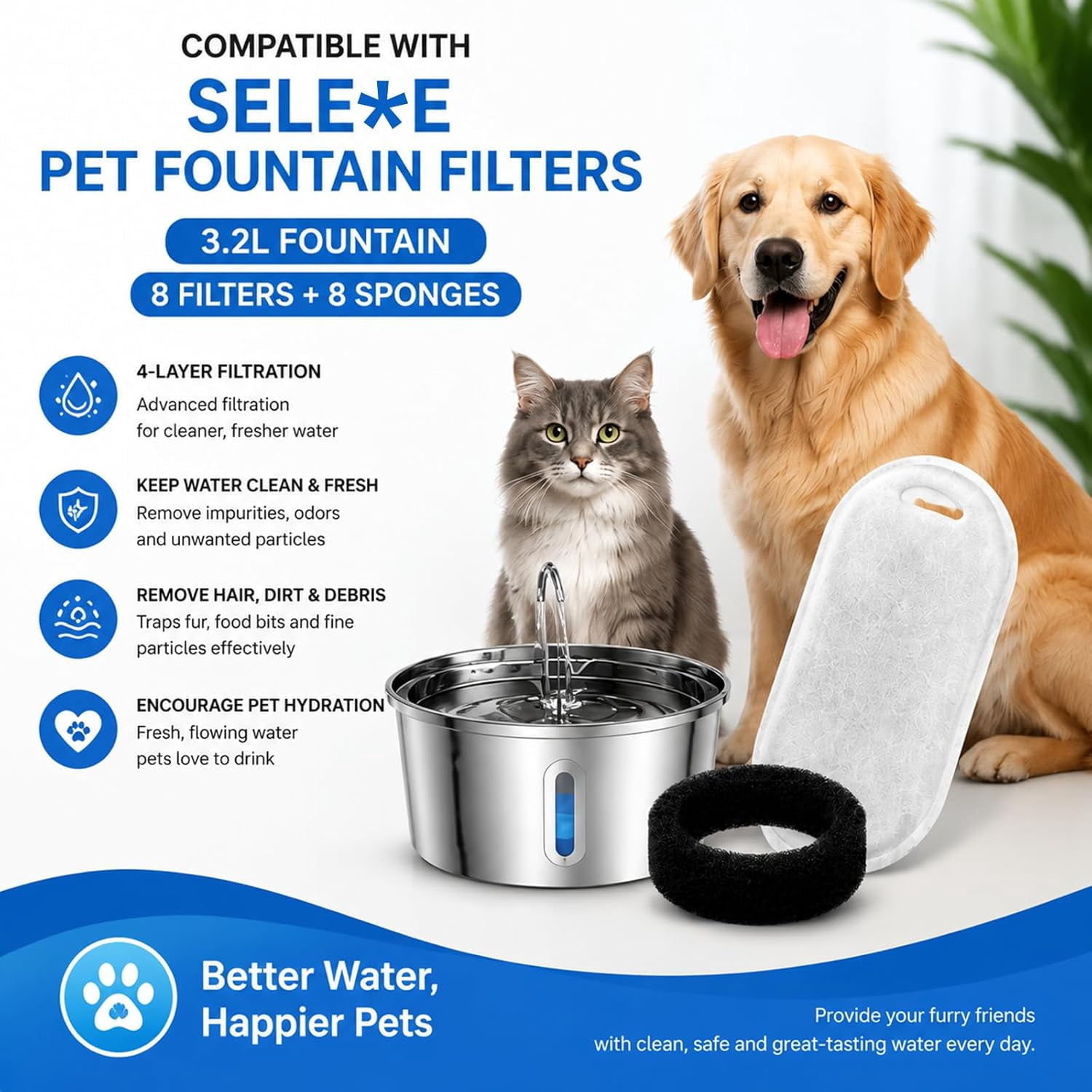 Dog Water Fountain Replacement Filters, Compatible with Selene Dog Water Fountain 3.2L Replacement Filte,8 Pack
