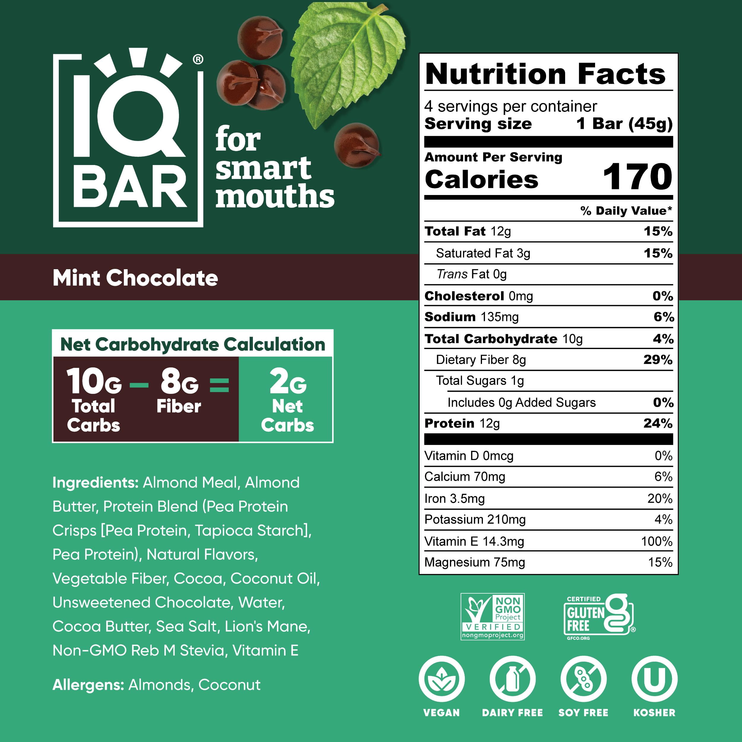 IQBAR Mint Chocolate Protein Bars - Vegan Energy Bars - High Fiber Vegan Snacks - 4 Count Box