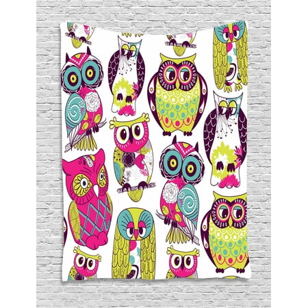 Kids Tapestry, Owl Eyes Funny Cute Best Friends Forever Animal Themed Nursery Style with Fun Design, Wall Hanging for Bedroom Living Room Dorm Decor, Multicolor, by