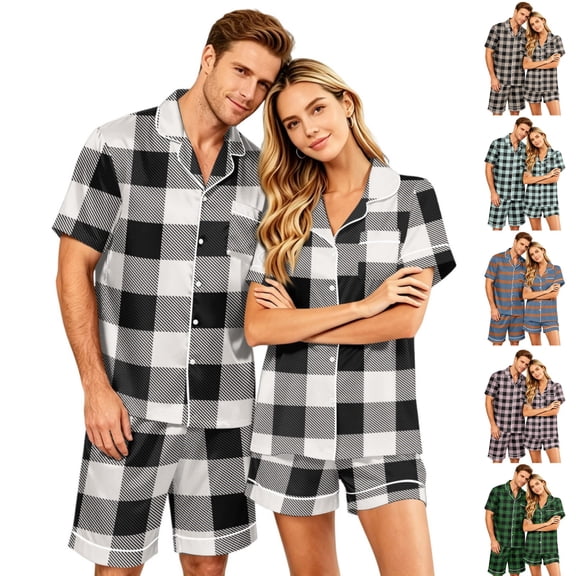 HAJWOH Classic Professional Plaid Pajamas for Men Set Short Sleeve Button Down Lightweight Lounge Set