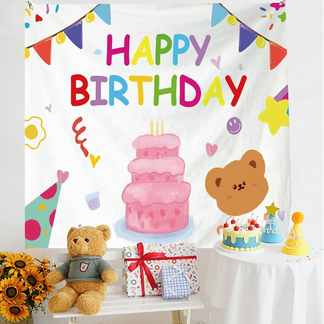 Tapiz para colgar en la pared, fiesta de cumpleaños, dibujos animados, diseño de oso, 130 x 150 cm