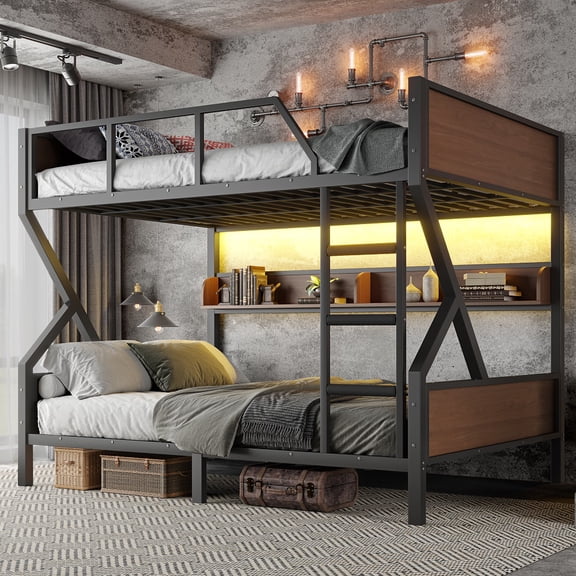 YDSM Queen over Queen Bunk Bed, Metal Bunk Bed with Storage Shelves and Lights, Space-saving & Noise-free Design, Black