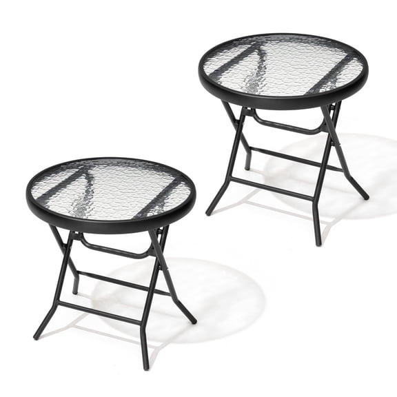 Crestlive Products Foldable Patio Side Table with Tempered Glass Top 18" Small Glass Patio End Tables (Black，2PCS)