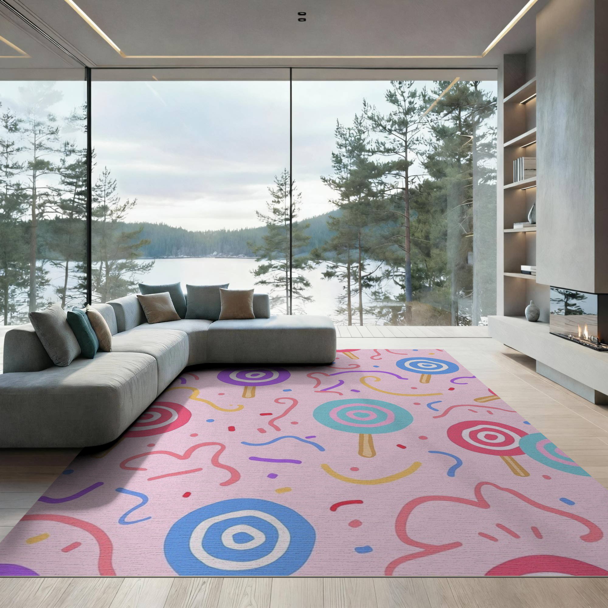 ODIKA 9 x12 Washable Area Rug Low Pile Flatwoven Pastel Candy Swirl Fantasy Design Whimsical Lollipop and Sprinkle Motif for Great Room Indoor Concept Large Living