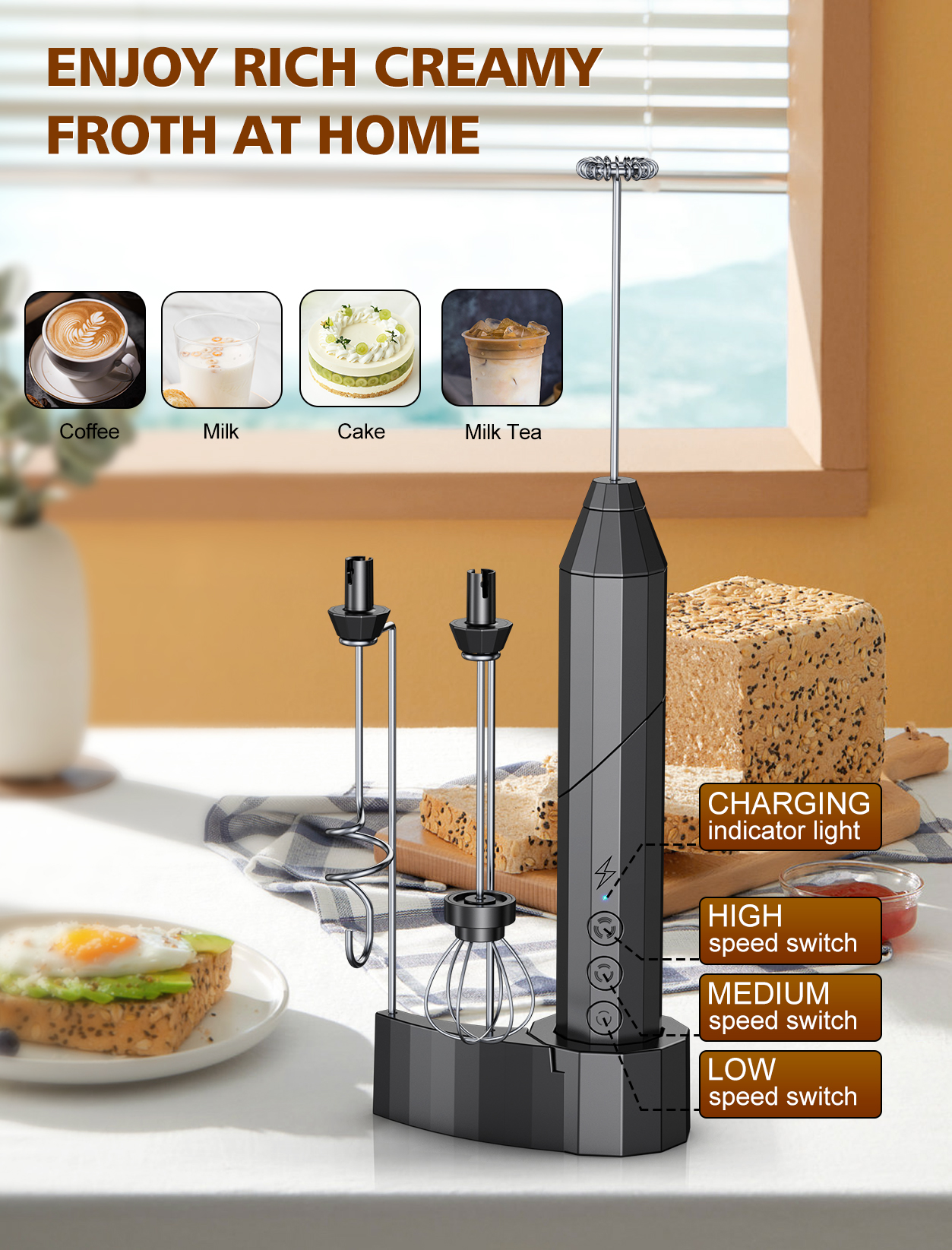 TAMO Milk Frother Handheld, USB-C Rechargeable Coffee Frother Wand, drink mixer with Charging Base&3 Heads,3 Speeds Adjustable For Latte, Cappuccino, Hot Chocolate, Egg