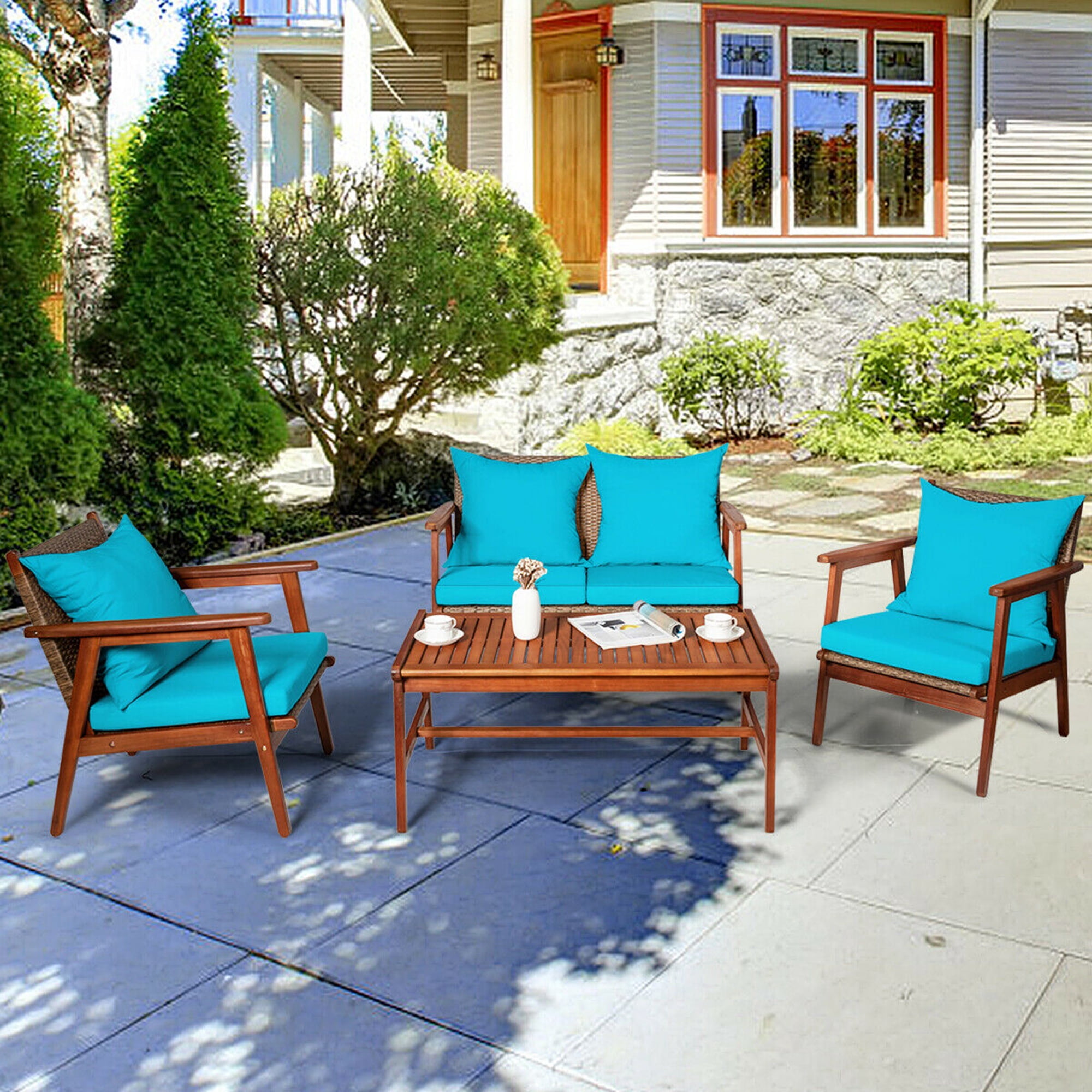 Gymax Fashion 8PCS Patio Conversation Set Wood Frame Furniture Set w/ Turquoise Cushions