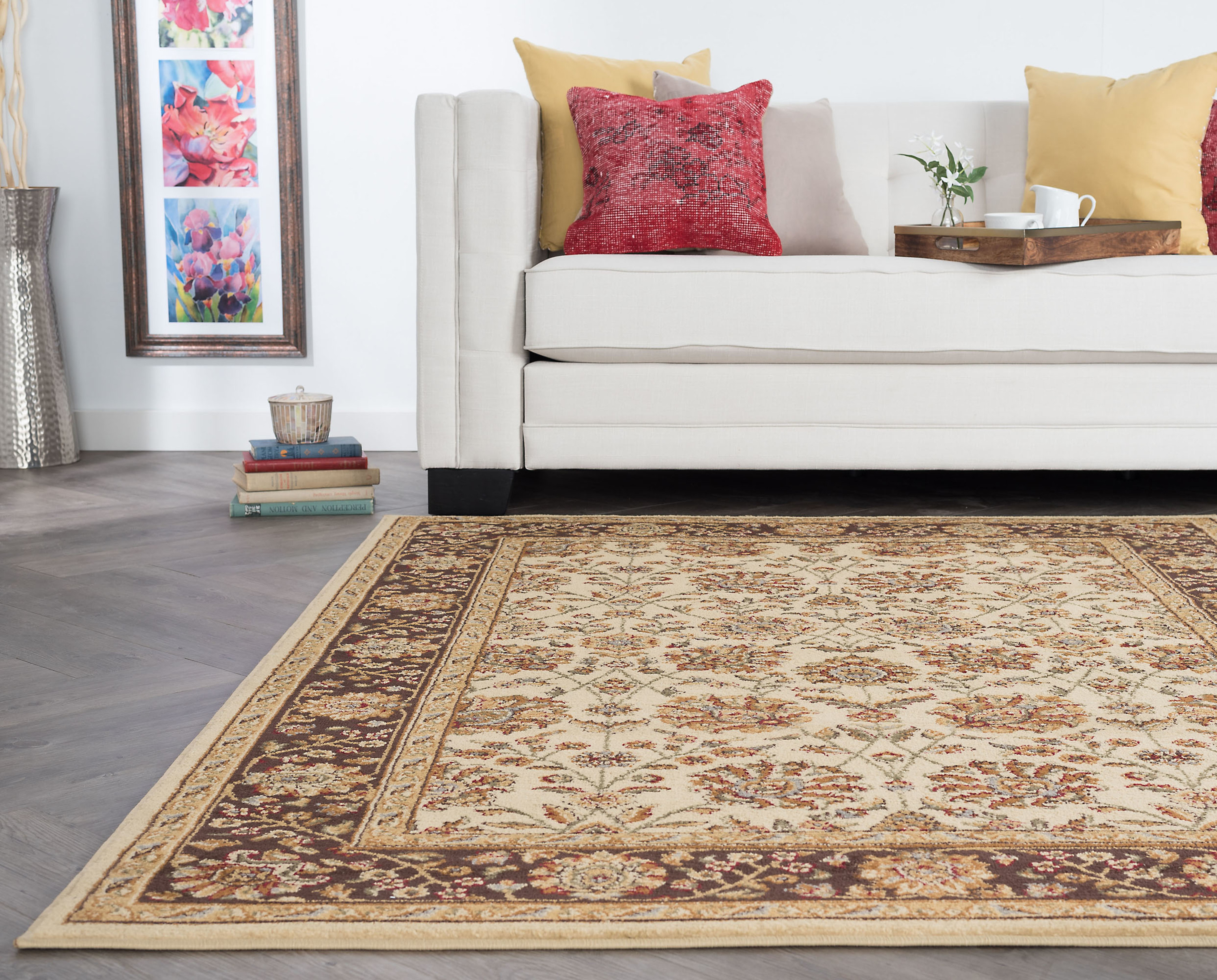 Transitional 5x7 Area Rug (5' x 7') Floral Beige, Sage Green Living Room Easy to Clean
