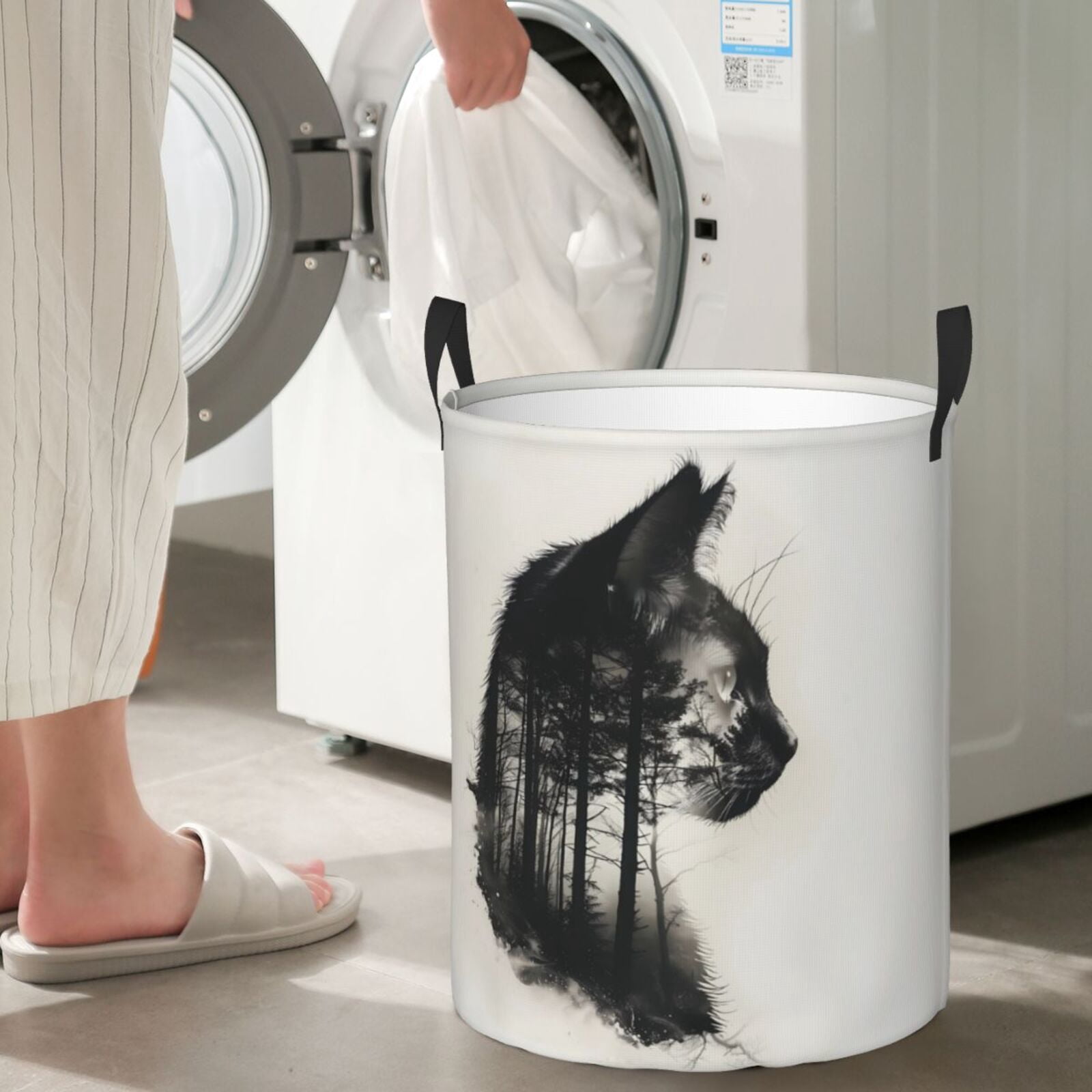 Large Laundry Basket with Handles - Double Exposure Cat Forest Kids Baby Dirty Clothes Laundry Hamper for Bedroom Aesthetic