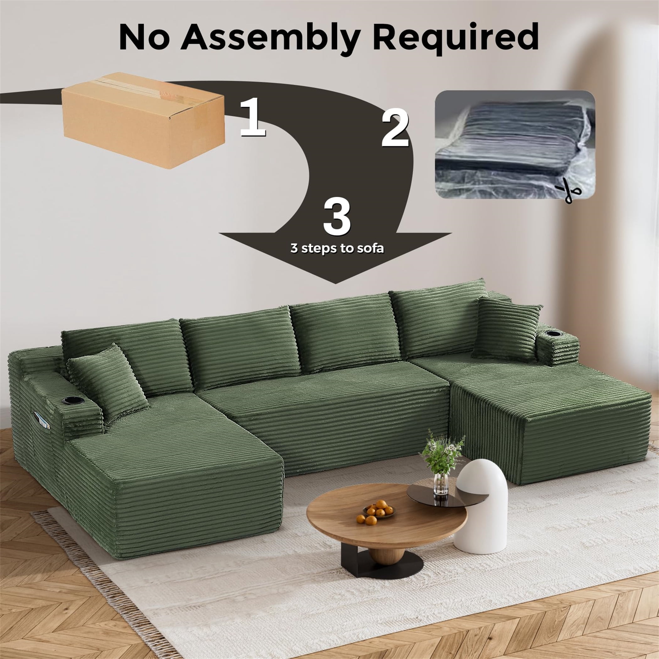 Aukfa 133" Cloud Sectional Sofa Oversized Boneless Couch Modular U-Shaped Couch, Double Chaise Corduroy Sofa for Living Room, Dark Green