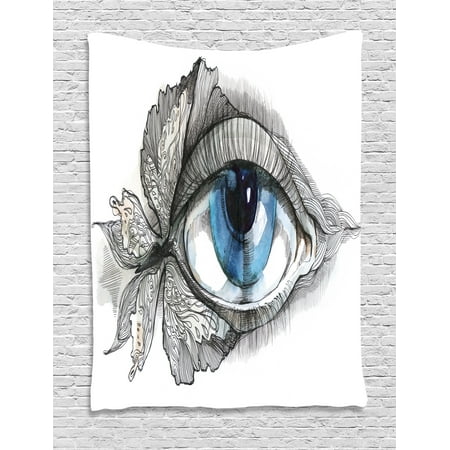 Eye Tapestry, Abstract Human Eye with Butterfly Eyelashes Painting Style Dreamy Female Look, Wall Hanging for Bedroom Living Room Dorm Decor, Black White Blue, by
