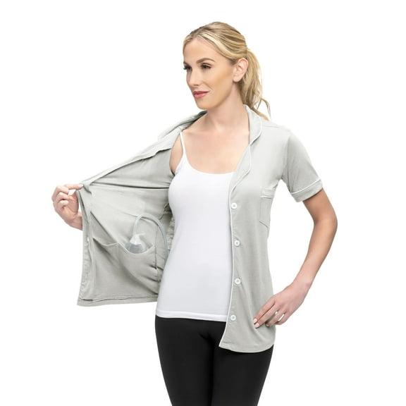 Post Mastectomy Surgery Recovery Shirt Lapel Collar Camisole With Drain Pockets Color: Gray, Size: Medium