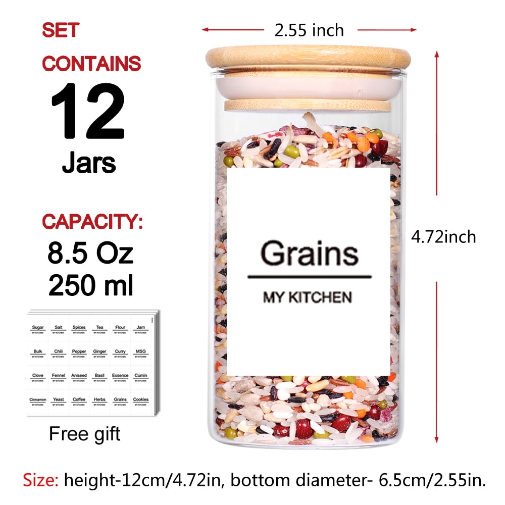 LEAVES AND TREES Y   12 Pcs 8.5 OZ Glass Storage Food Jars Empty Small Glass Containers With Bamboo Lid Thicken Spice Jar For Kitchen Storage