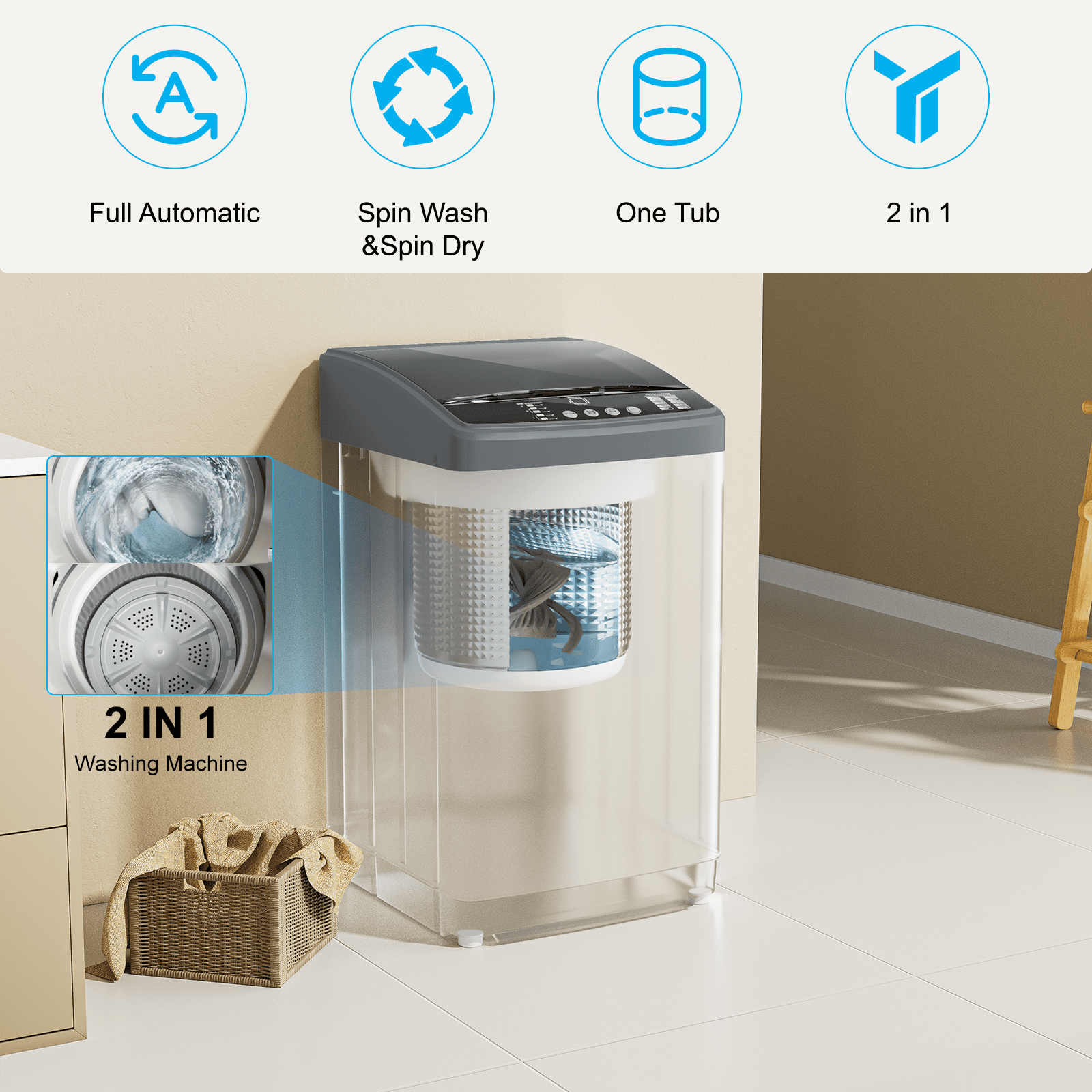 TABU Portable Washer and Dryer Set, 19lbs Full Automatic Washing Machine with Drain Pump and 13lbs Portable Dryer (Gray&White)