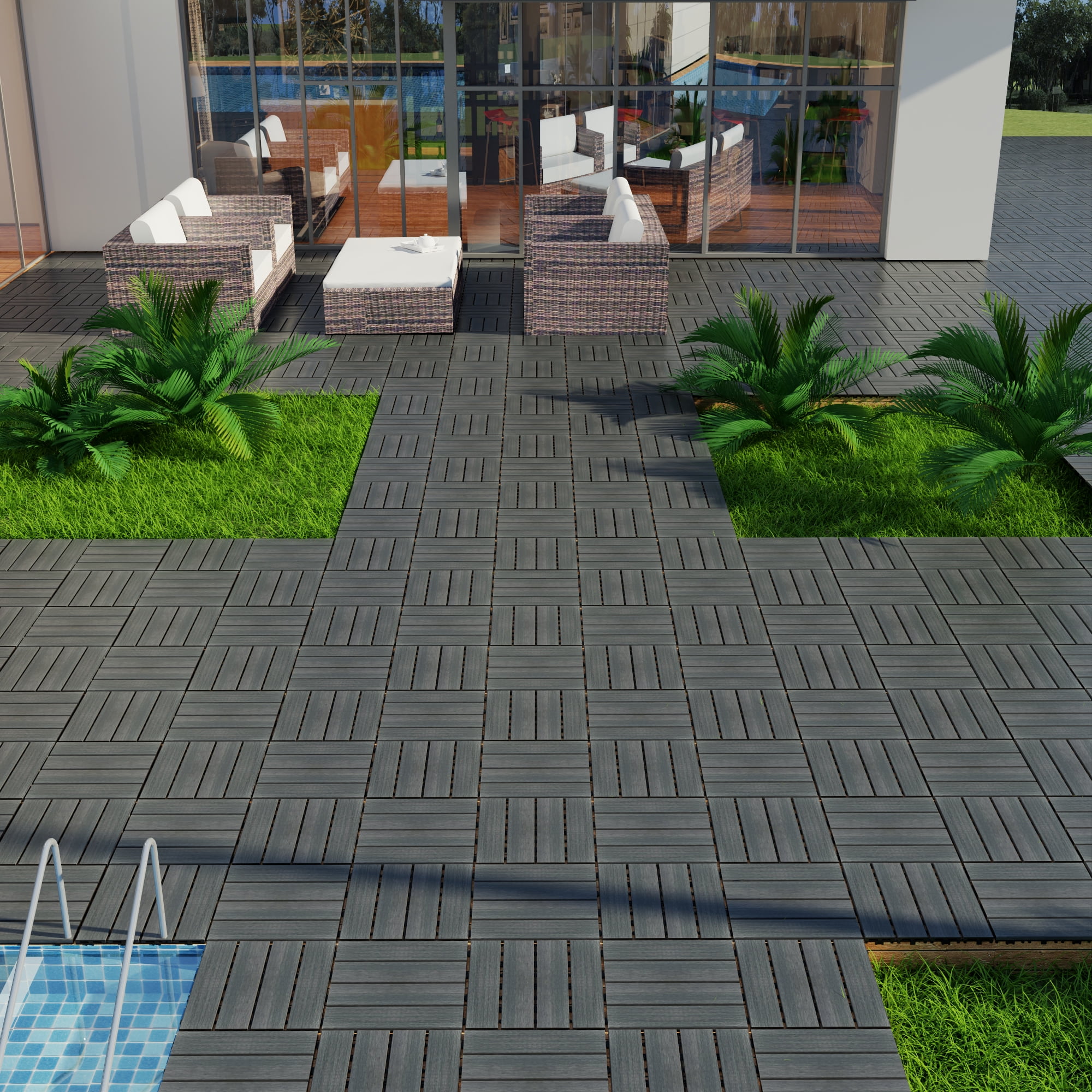 Miniyam 22 Pcs Interlocking Deck Tiles, 12" x 12", Wood-Plastic, for Outdoor Balcony Garden, Dark Gray