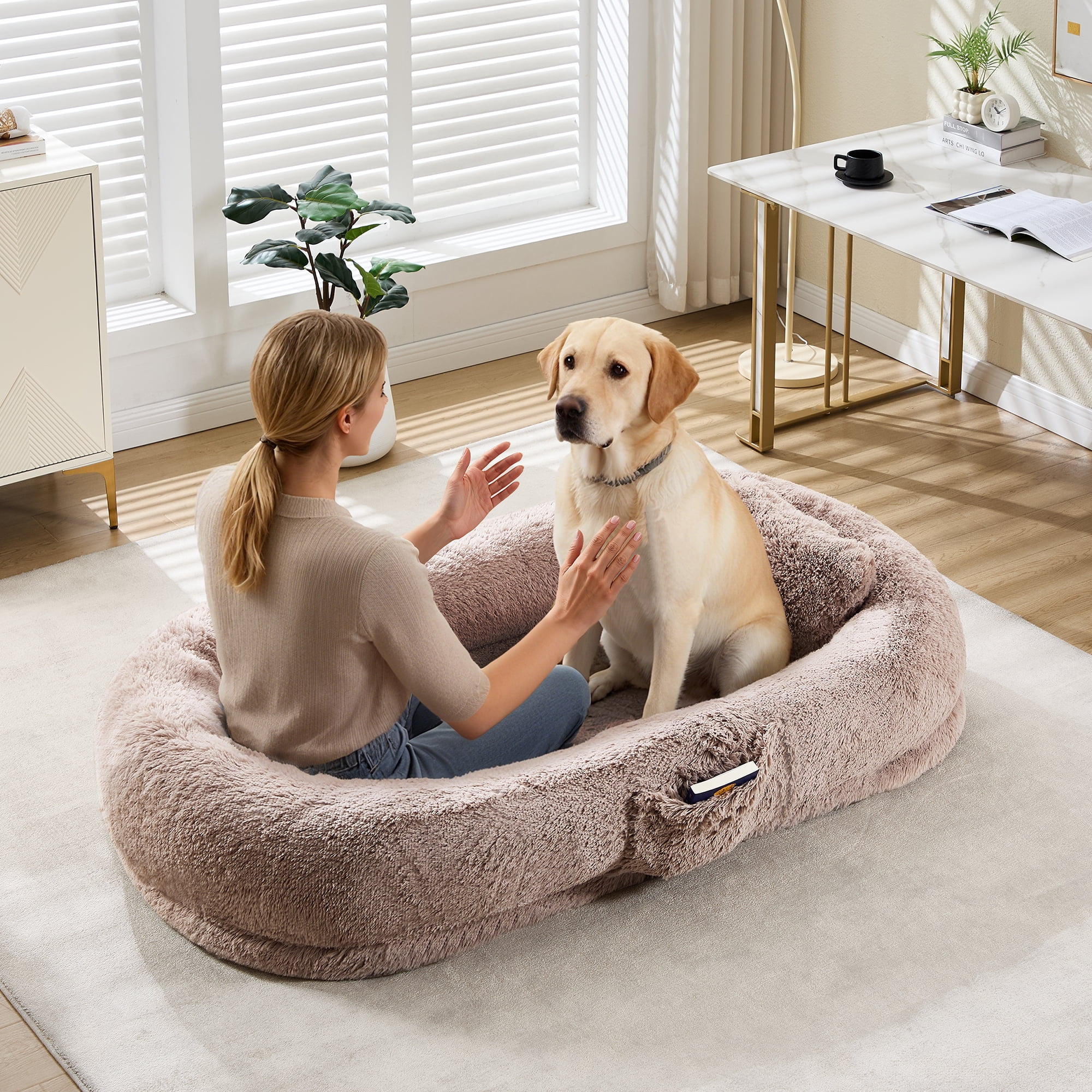 Human Size Dog Bed for People and Pets, 67×43×8 inch Orthopedic Foam Lounger with Removable Washable Faux Fur Cover, Raised Bolster, Side Pocket and Portable Strap, No Assembly Required, Cozy Floor B
