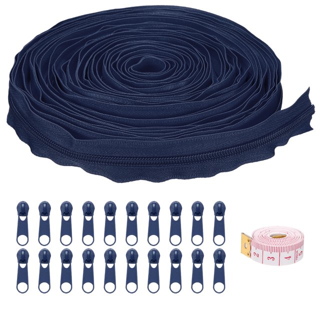 Uxcell #5 10 Yards Bulk Nylon Coil Zipper by the Yards with 20 Pcs Zipper Sliders and Ruler for Sewing Dark Blue