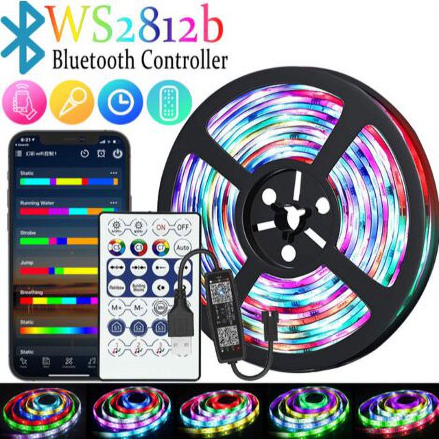 Tira de luces LED inteligente con Bluetooth Ws2812b de 5 m: con control remoto + Bluetooth, sincronización con función de ritmo/ritmo de música