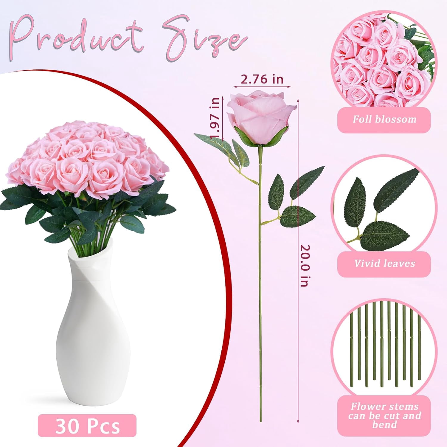 30Pcs Roses Artificial Flowers Bouquet, Black Fake Silk Rose with Long Stem Realistic Single Stem Flowers for DIY Wedding Arrangement Party Centerpieces Home Decoration