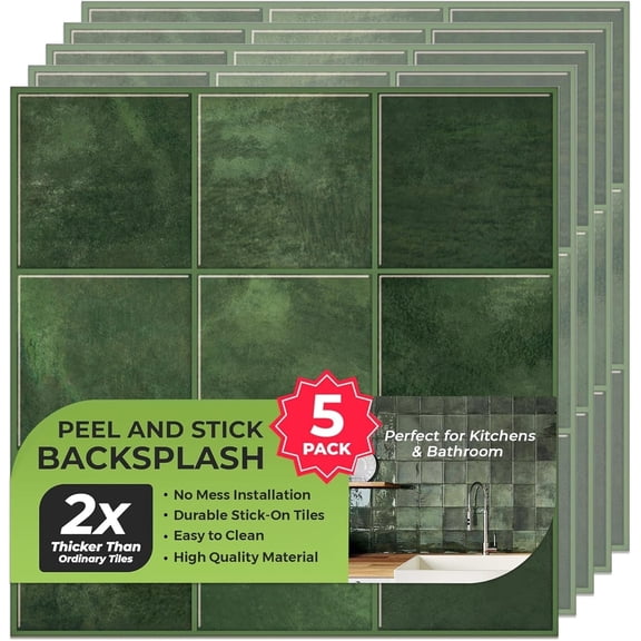 Select 5 Pack Peel and Stick Backsplash Square Tiles, Extra Thick 3D Wall Panels, Heat & Water Resistant, Easy DIY Kitchen, Bathroom, Laundry, Fireplace & Rental Home Wall Décor (12 x 12 in), Green