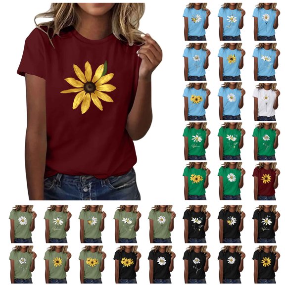 NSLGXD T-shrits for Women Casual Crew Neck Short Sleeve Blouses Boho Graphic Tees Breathable Going Out T Shirts S-3XL Black Tee Shirts