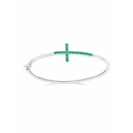 Created Emerald Cross - Created Emerald Sterling Silver Sideways Cross Bangle