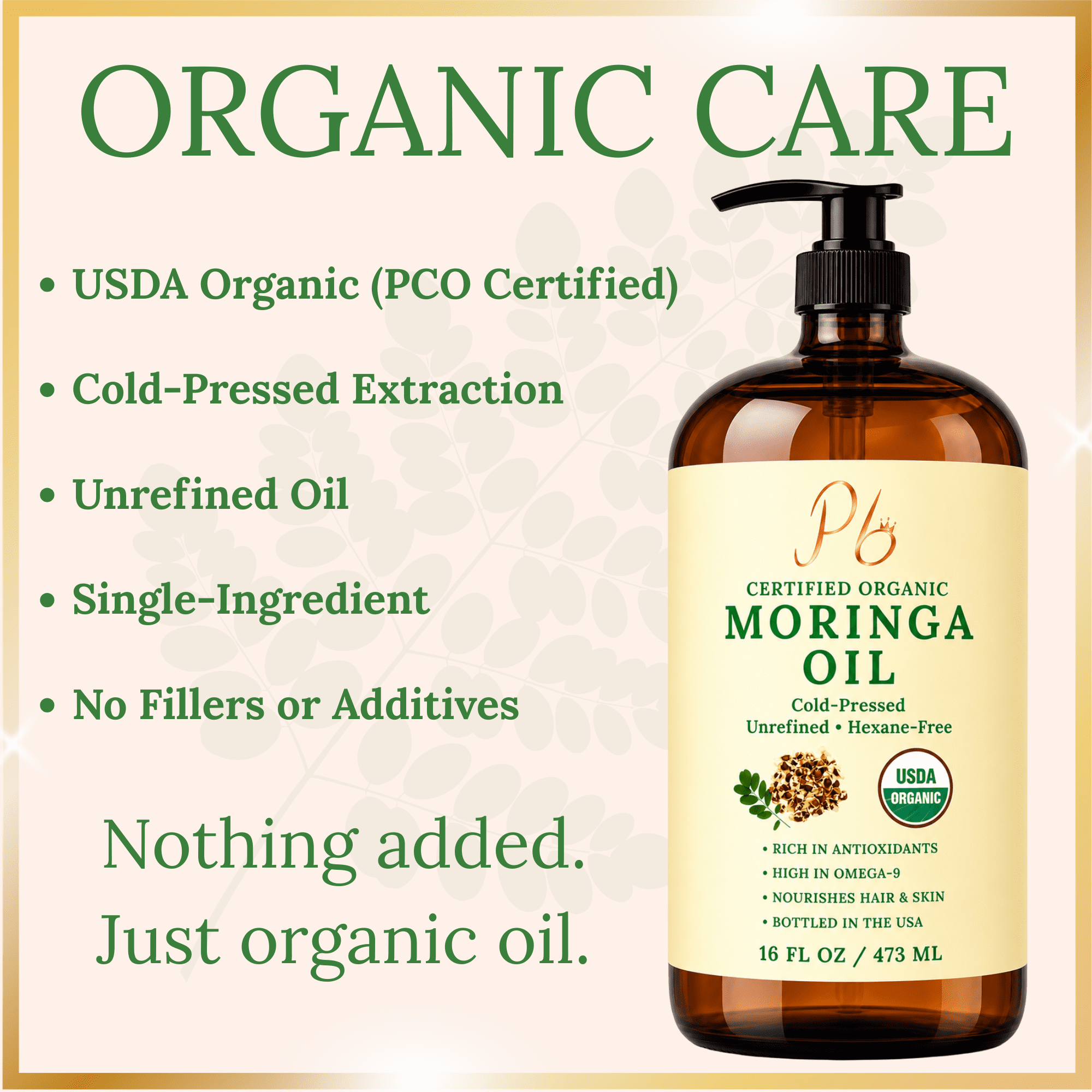Pomberries USDA Organic Moringa Oil, 16 fl oz, Cold-Pressed & Unrefined, Hair & Skin Oil, Glass Bottle with Pump, Bottled in USA