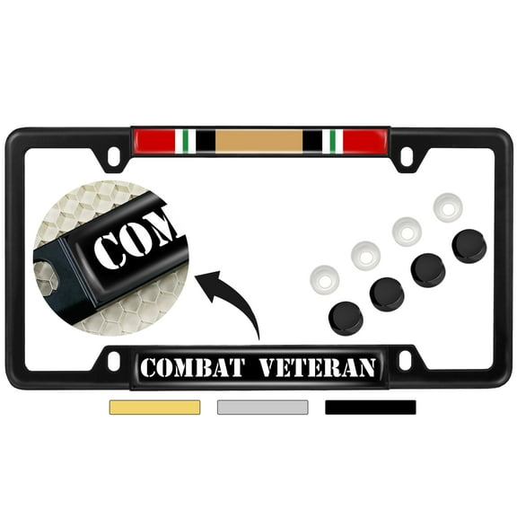 Iraq Combat Veteran - Domed Custom-Made Personalized Narrow (Thin) Top 4 Hole Metal Car License Plate Frame with Free caps - Black Frame (Qty: 1)