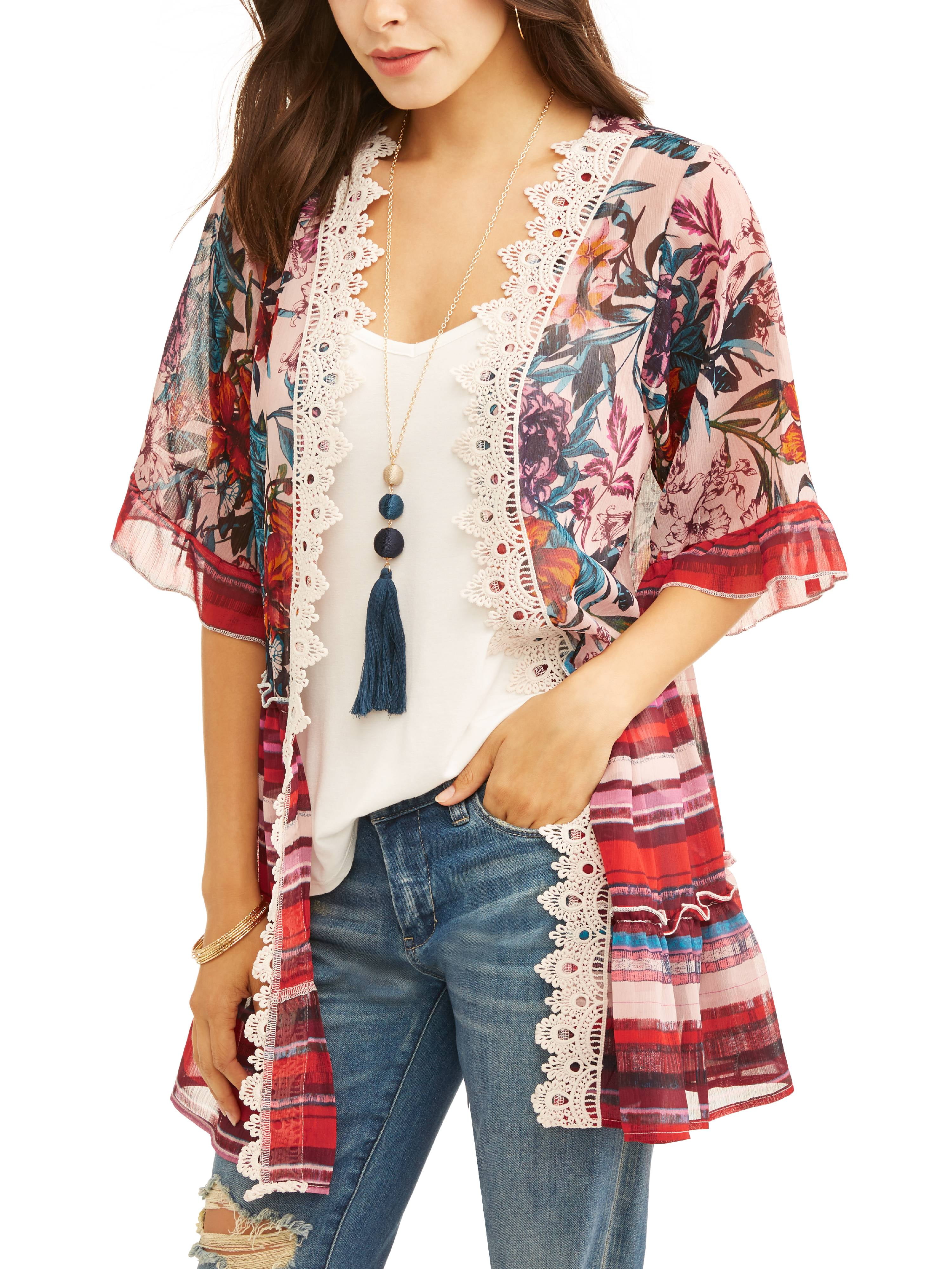 Women's 3fer Kimono with Tank and Necklace - Walmart.com