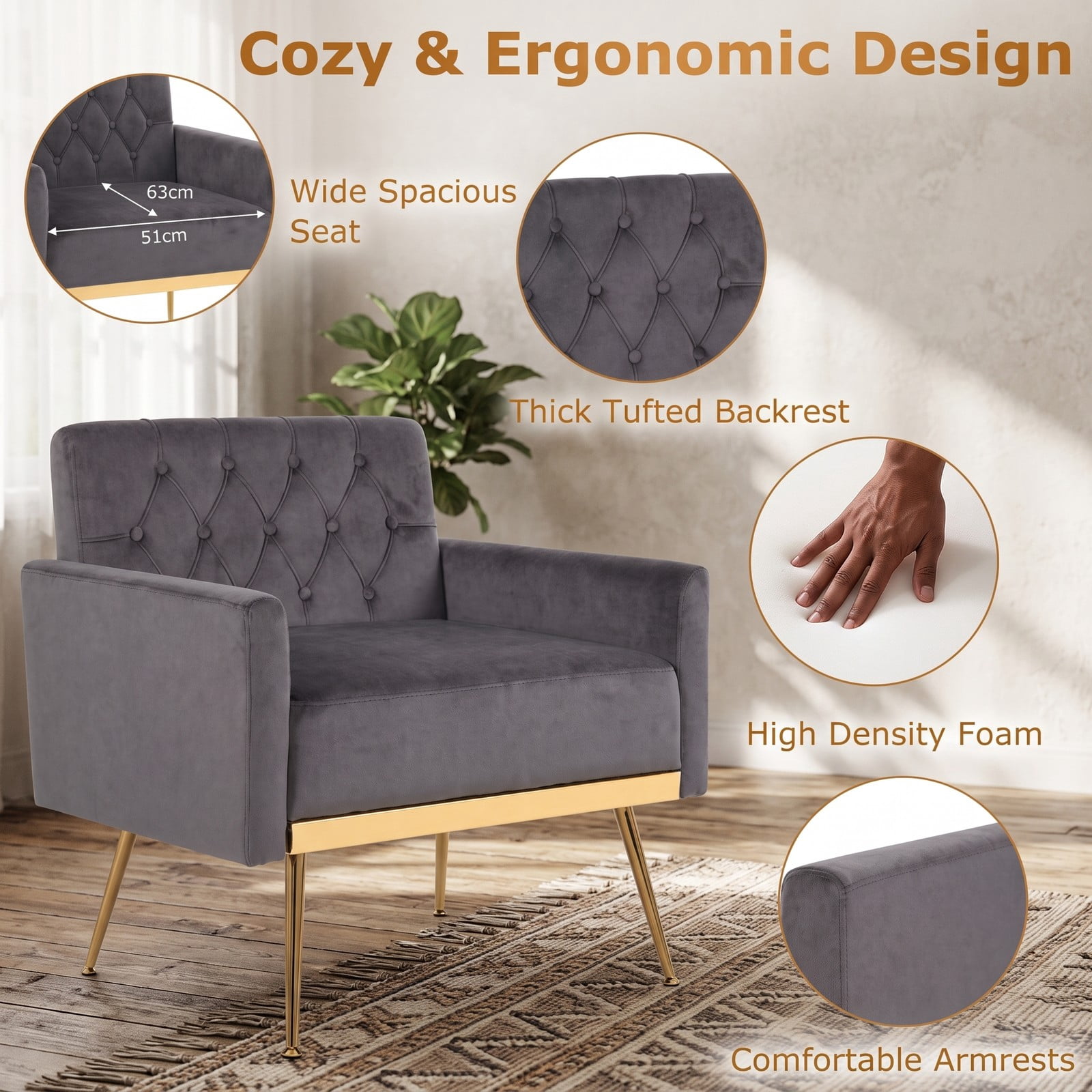 Furnibear Modern Velvet Accent Chair, Upholstered Button-Tufted Single Sofa Armchair with Adjustable Feet and Metal Legs for Living Room Bedroom Office, 350 lbs, Gray