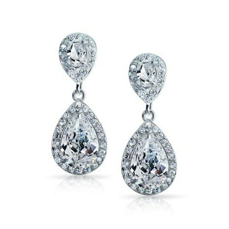 Fashion Pave CZ Halo Pear Shaped Teardrop Drop Statement Earrings For Women Prom Pageant Silver Plated Brass More