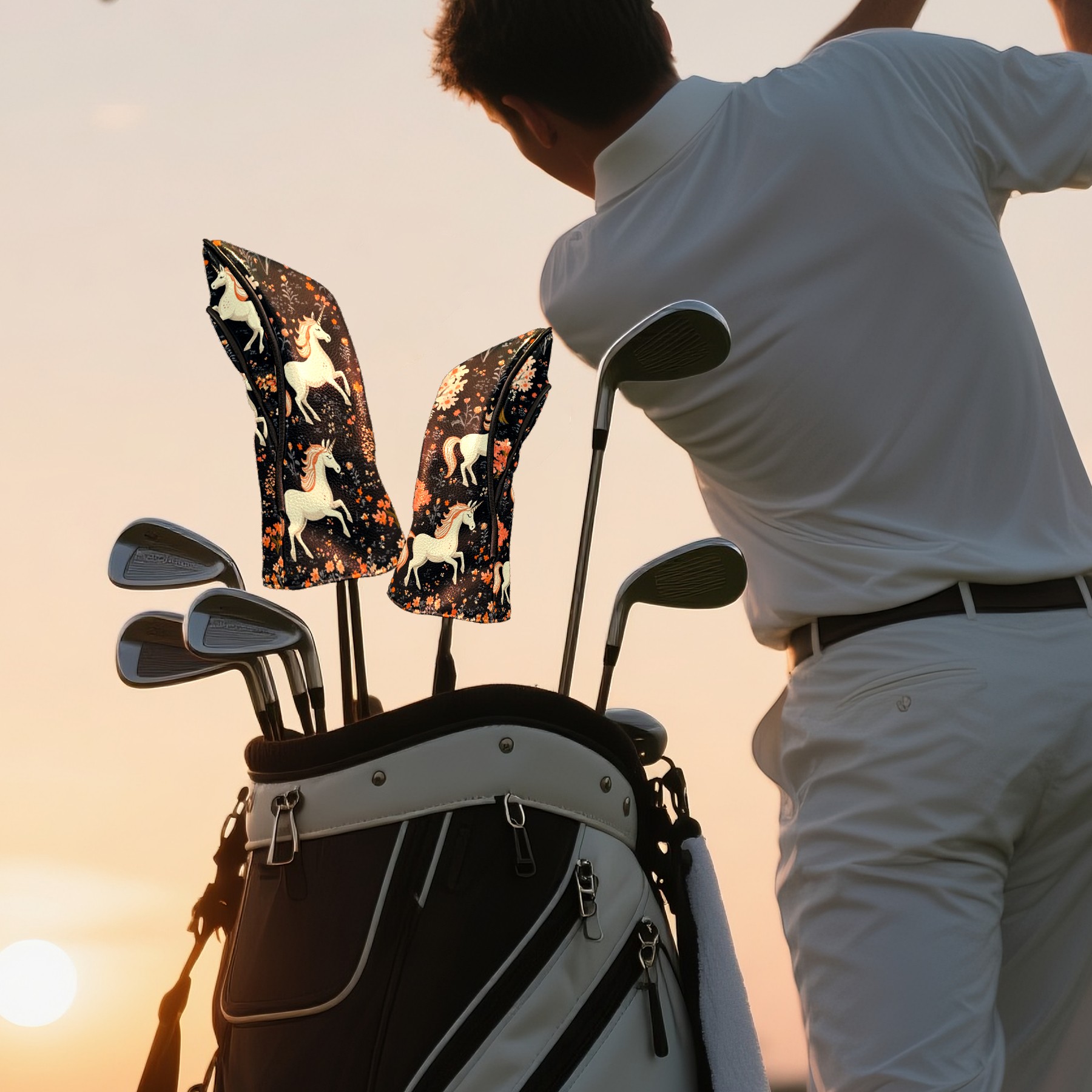 Golf Head Covers Cute Horse Pattern for Driver, Wood & Hybrid, Premium Waterproof PU Leather with Plush Lining, Animal Golf Gifts
