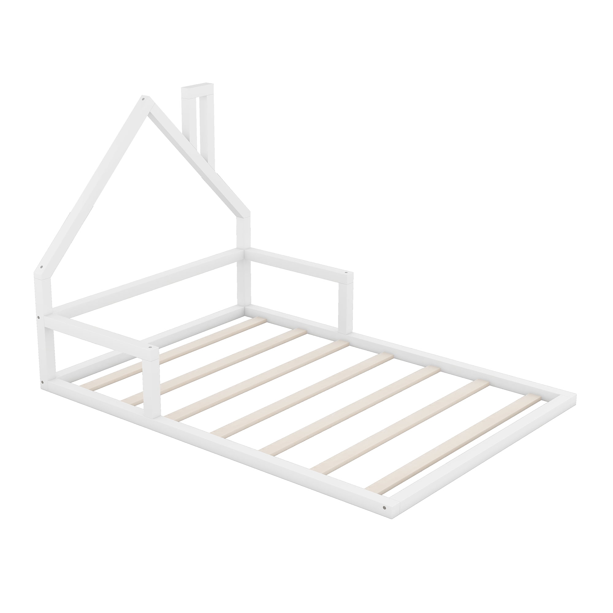 Euroco Full Size Wood Floor Bed for Kids Room, White