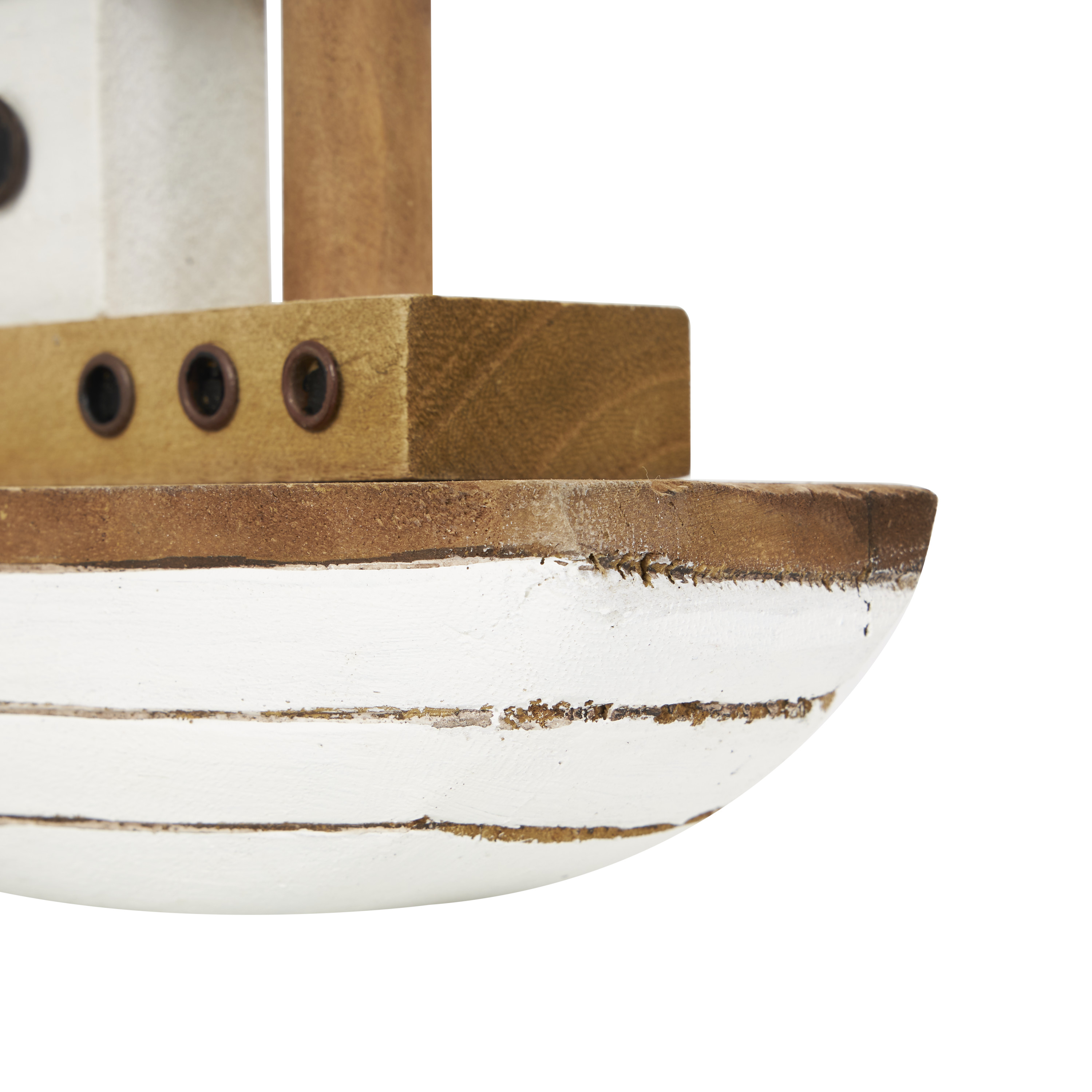 6", 5", 4"H Brown Wood Handmade Boat Sculpture with White Accents, by DecMode (3 Count)