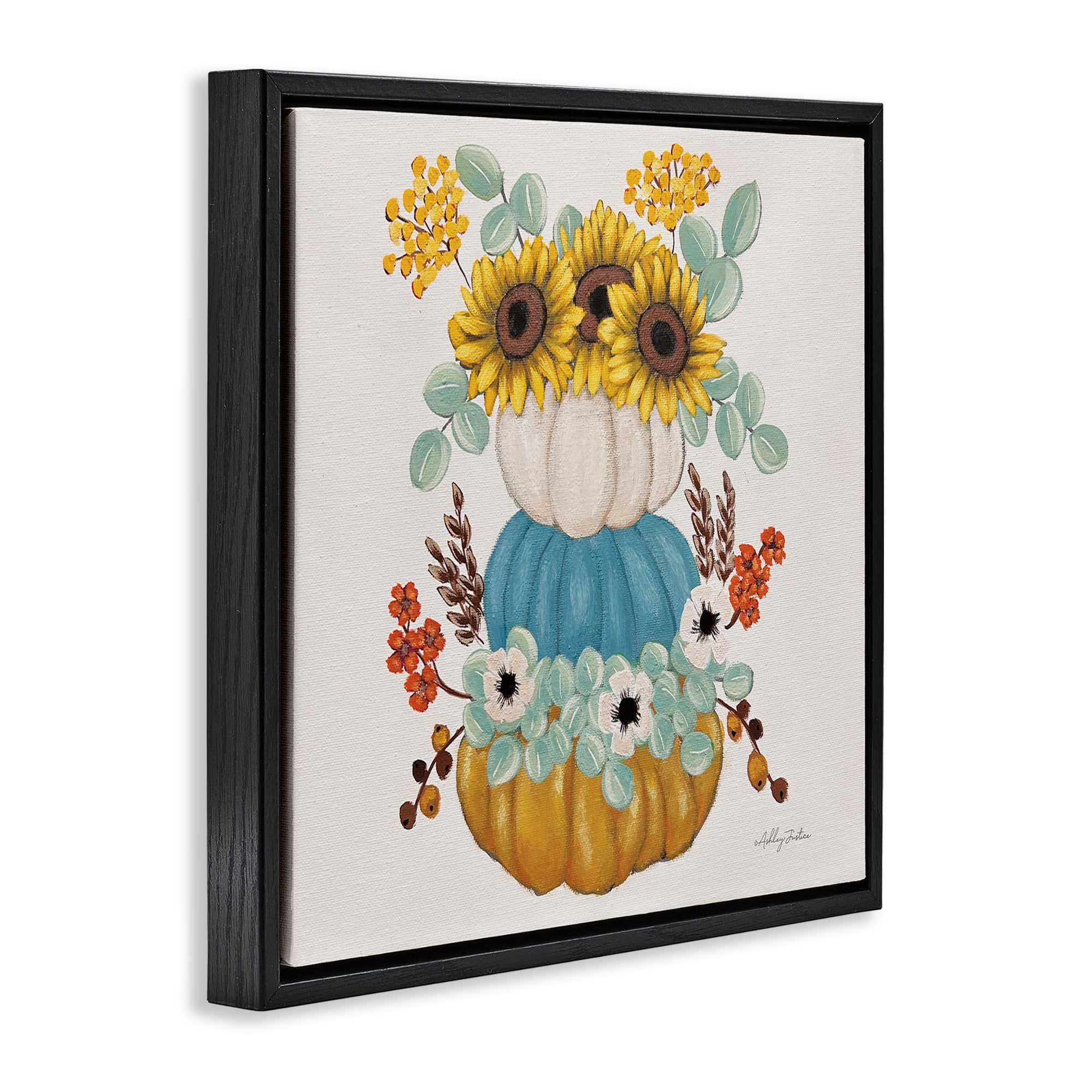 Stupell Industries Seasonal Flower & Pumpkins Botanical & Floral Painting Black Floater Framed Canvas Art Print Wall Art, 18 x 18