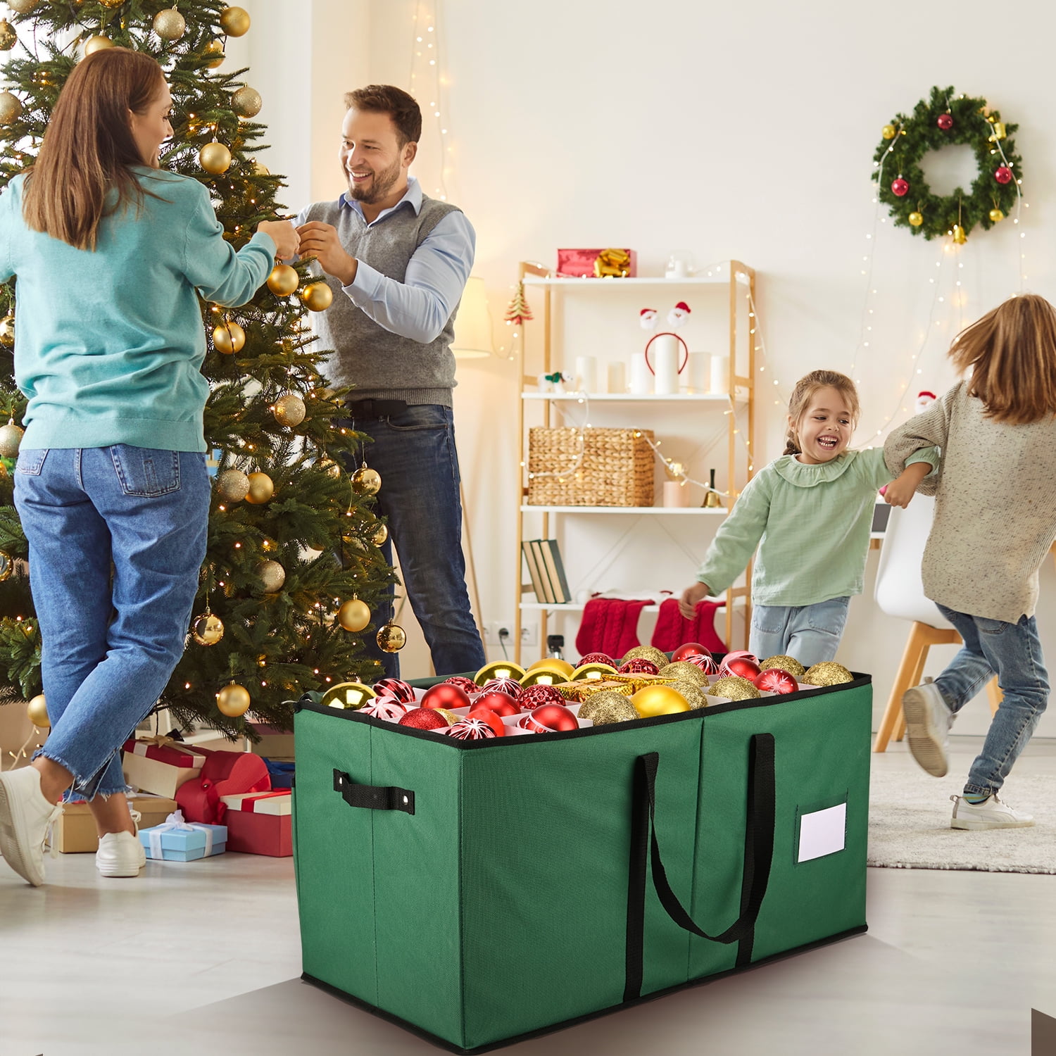 Christmas Ornament Storage Box Holds 128 Holiday Ornaments 3 inch, Adjustable Dividers, 600D Oxford Cloth Tear-Proof Xmas Decoration Organizer, Green