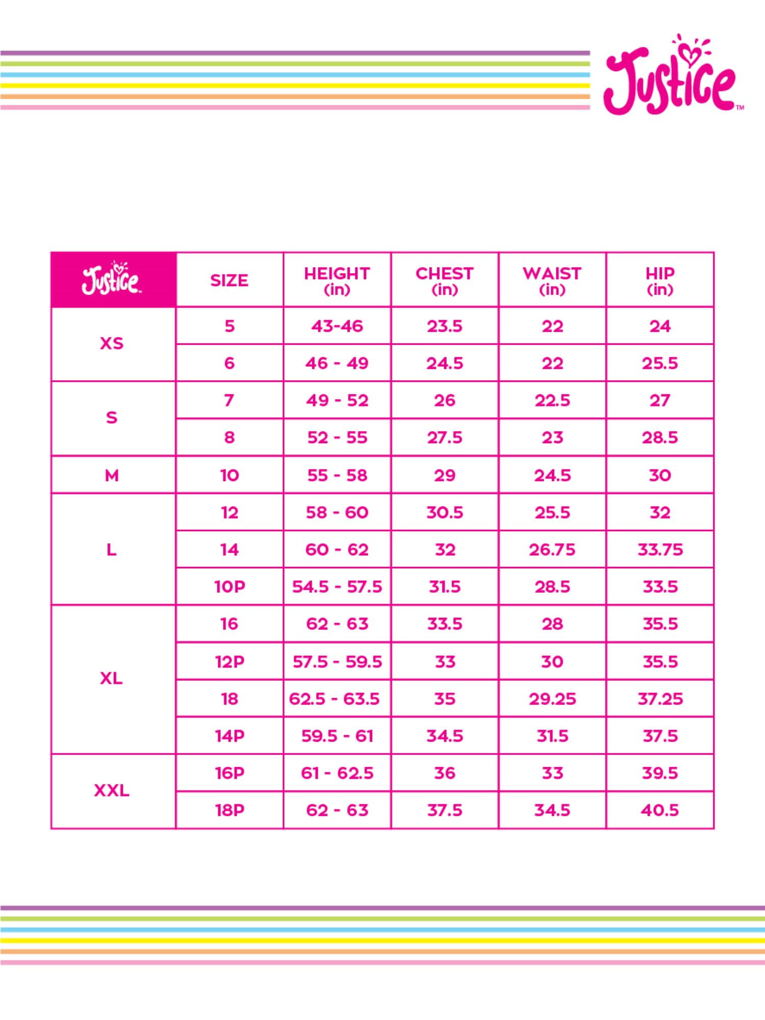 Justice jeans size chart sales