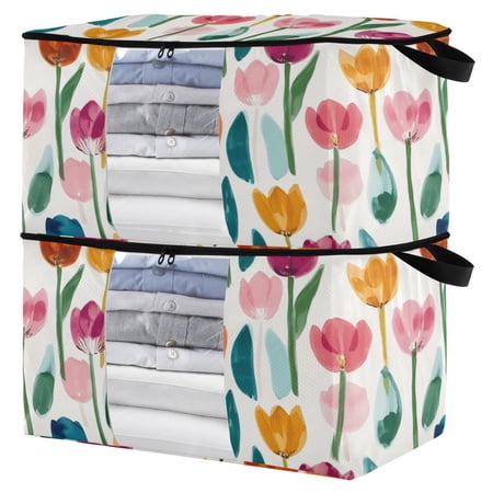 Foldable Clothes Storage Bags Clothes Organizer Bin with Clear Windows for Clothes Bedding Cute Watercolor Tulips