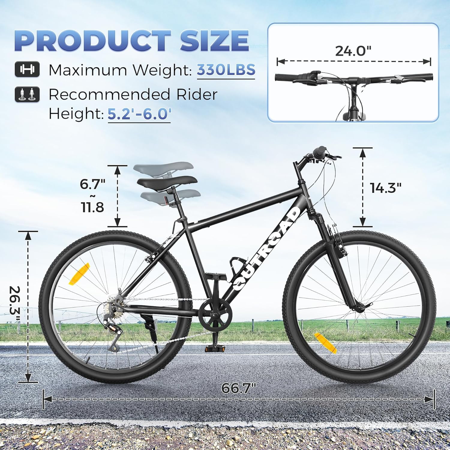 Marknig 26" Mountain Bike 7 Speed Bicycle for Adult with High-Carbon Steel Frame, Dual Disc & V-Brakes, Adjustable Seat for Men and Women, Black